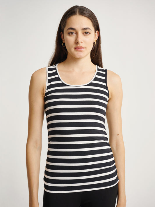 Side Ruched Sleeveless Black/White Strips Maternity Singlet