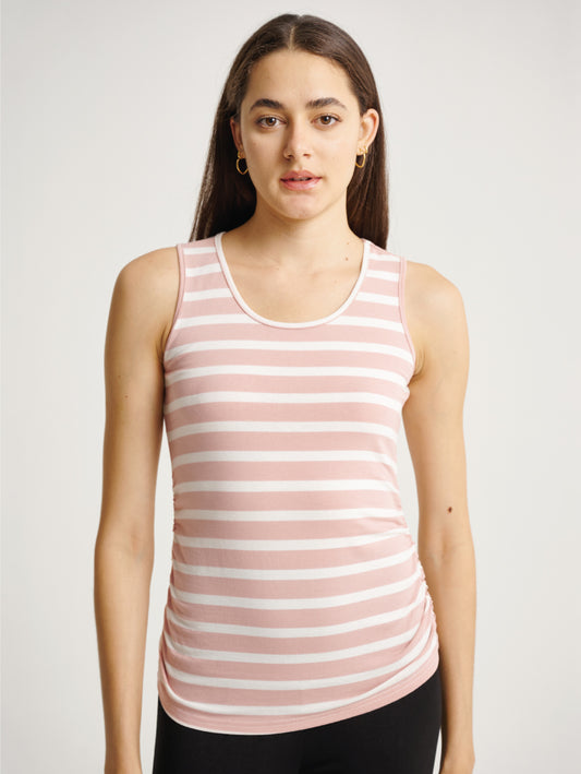 Side Ruched Sleeveless Dusty Pink/White Strips Maternity Singlet